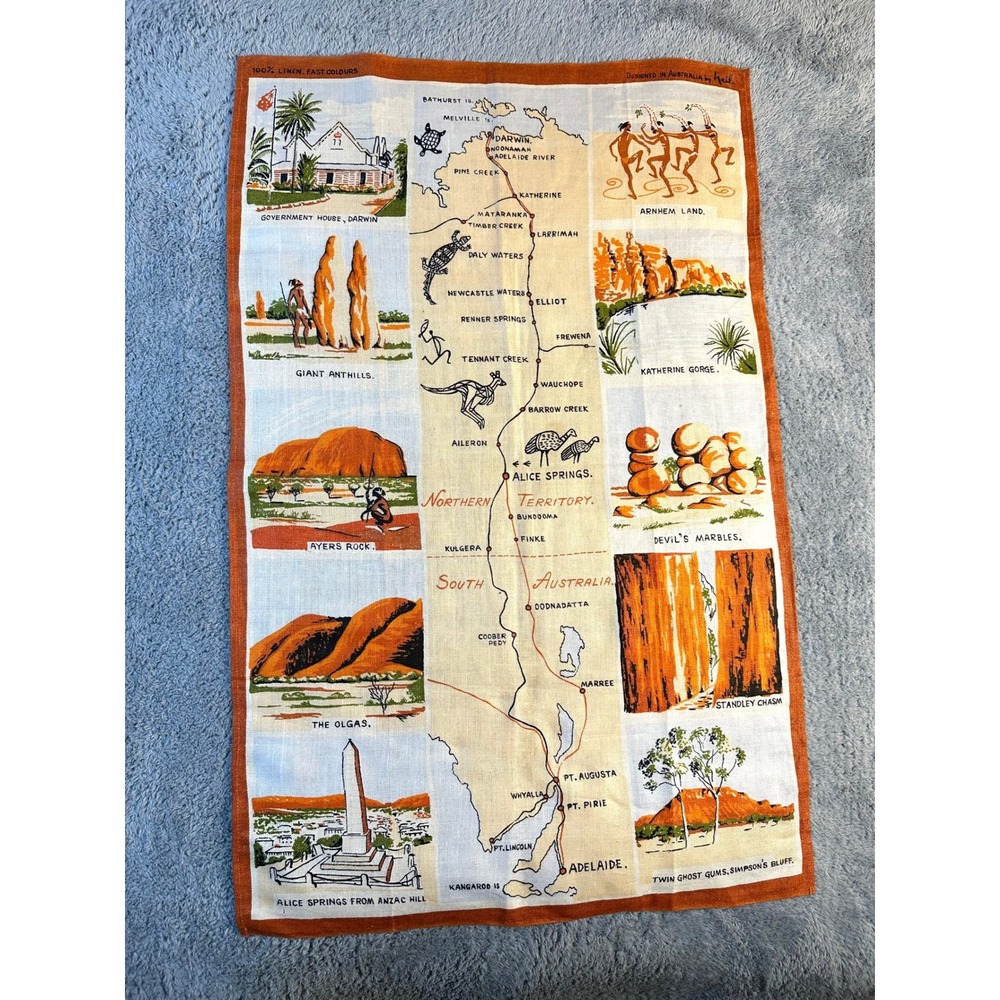 Australian Souvenir Linen Tea Towel Tourist Destinations orange 31x20